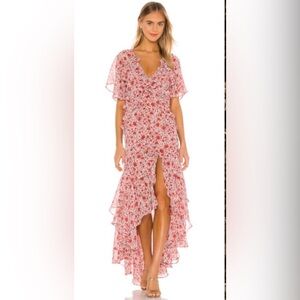Misa Katarina Dress Floral Red Animal  maxi dress high-low hem ruffles flirty s